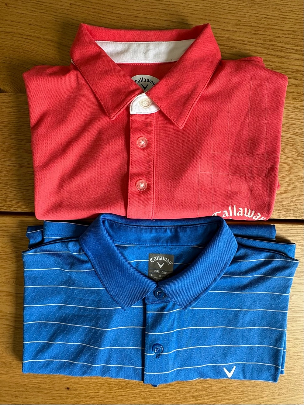 Callaway Mens Golf Polo Shirts Lot of 2 Large L Coral Pink Blue Stripe Textured